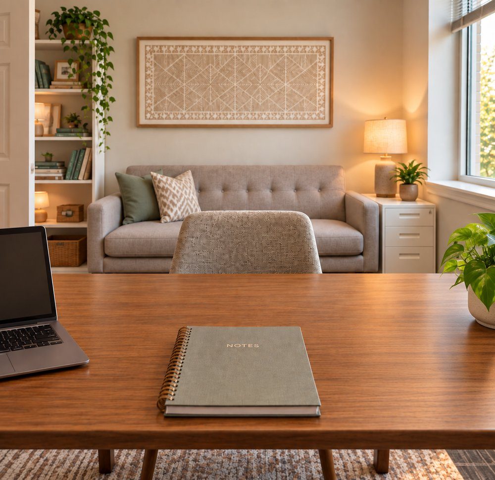 A notebook and laptop on a desk in a warm, comfortable office